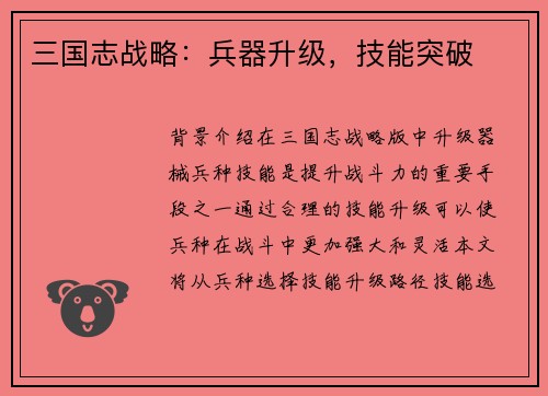 三国志战略：兵器升级，技能突破